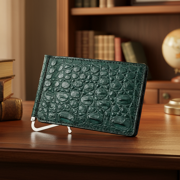 クロコダイル マネークリップ(札ばさみ) メンズ財布 ワニ革 マット 緑