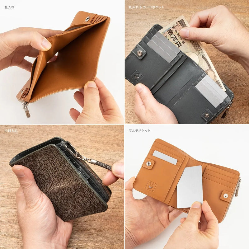 スティングレイ コンパクト財布 エイ革 ガルーシャ 本革 黒 ブラック