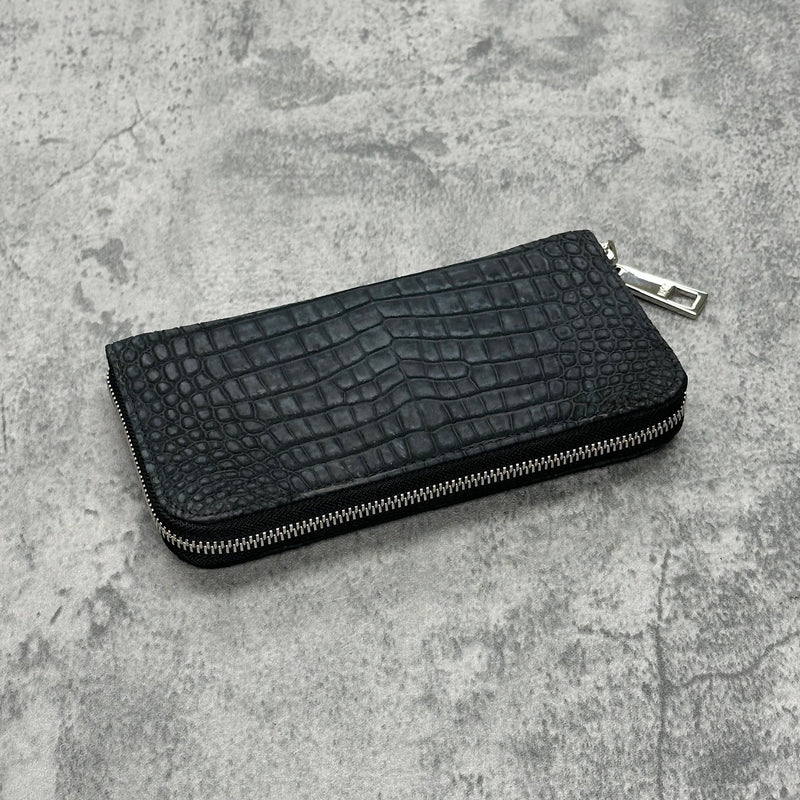 クロコダイル長財布(ヌバック仕上げ) ラウンドファスナー 本革 黒