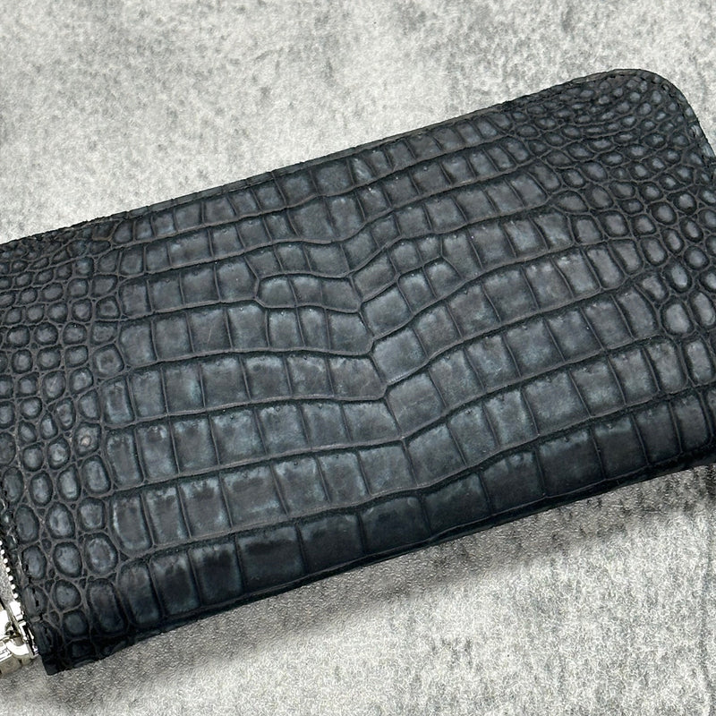 クロコダイル長財布(ヌバック仕上げ) ラウンドファスナー 本革 黒