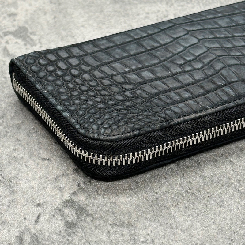 クロコダイル長財布(ヌバック仕上げ) ラウンドファスナー 本革 黒