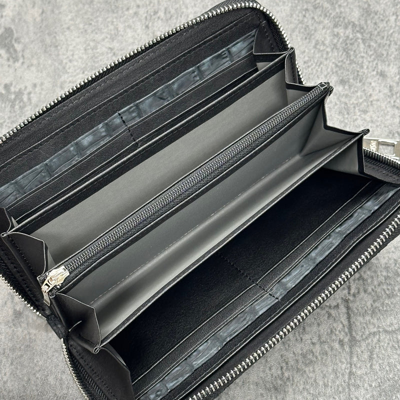 クロコダイル長財布(ヌバック仕上げ) ラウンドファスナー 本革 黒