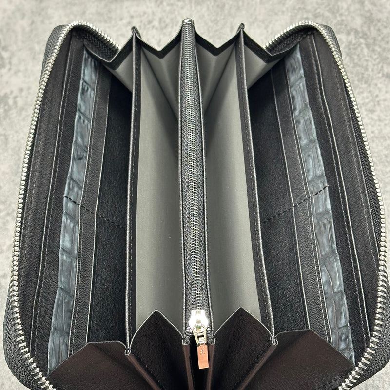 クロコダイル長財布(ヌバック仕上げ) ラウンドファスナー 本革 黒