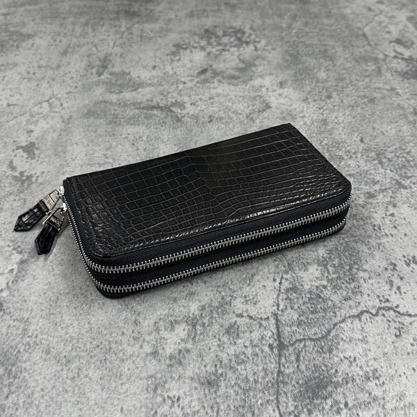 クロコダイル ダブルファスナー長財布 ワニ革 本革 黒 ブラック 品番