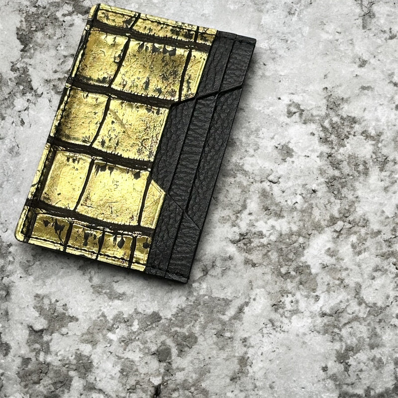 牛革/クロコダイル カード入れ メンズ レディース 本革 黒＆金色