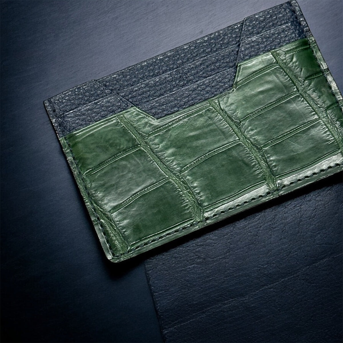 牛革/クロコダイル カード入れ メンズ レディース 本革 紺＆緑色