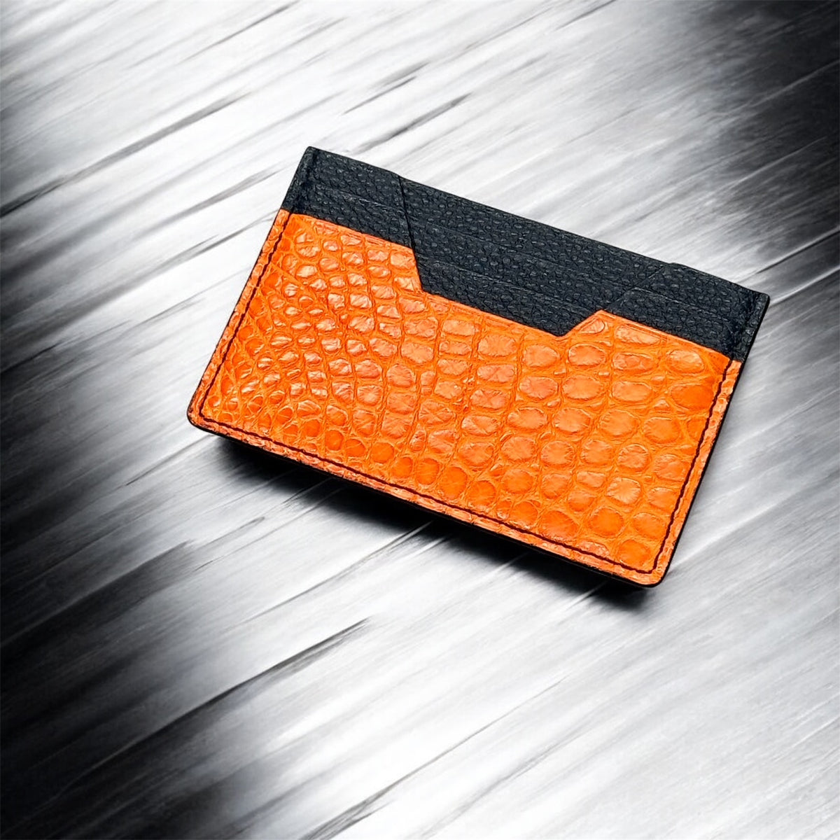 牛革/クロコダイル カード入れ メンズ レディース 本革 紺＆オレンジ