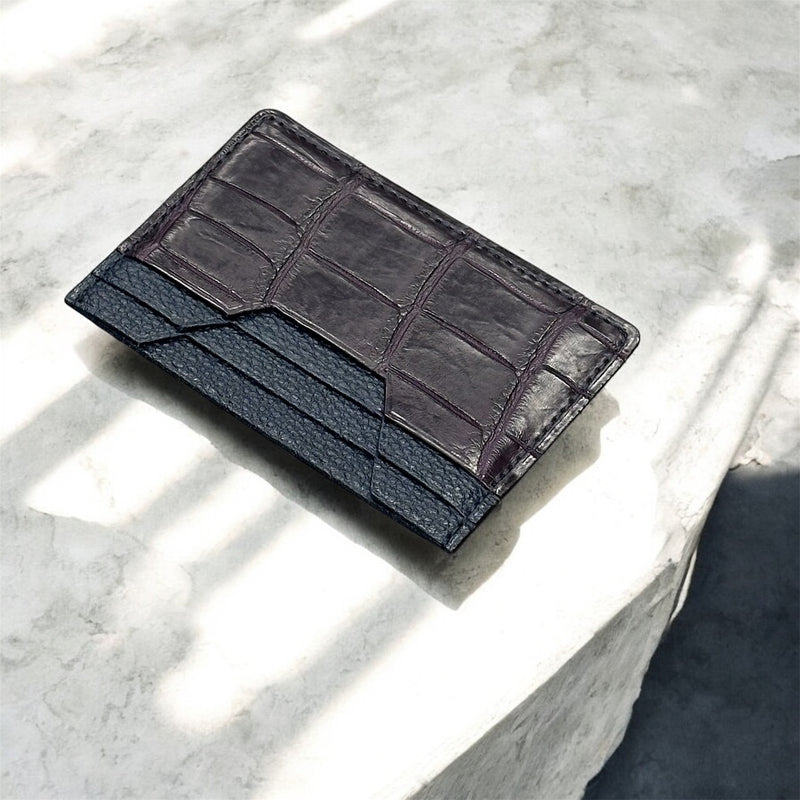 牛革/クロコダイル カード入れ メンズ レディース 本革 紺＆紫色