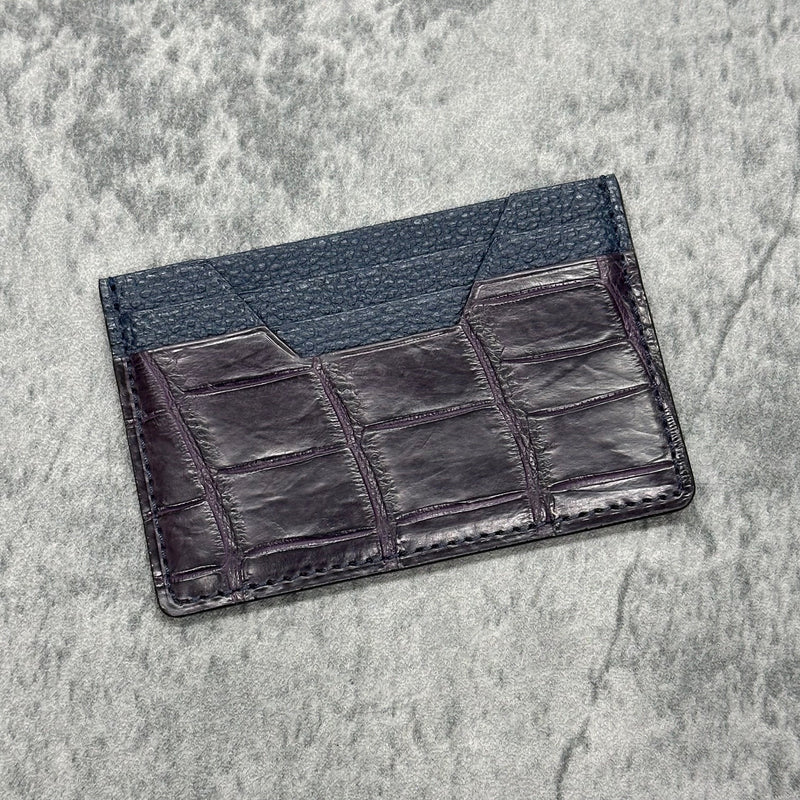 牛革/クロコダイル カード入れ ワニ革 本革 紺＆紫色 パープル 品番
