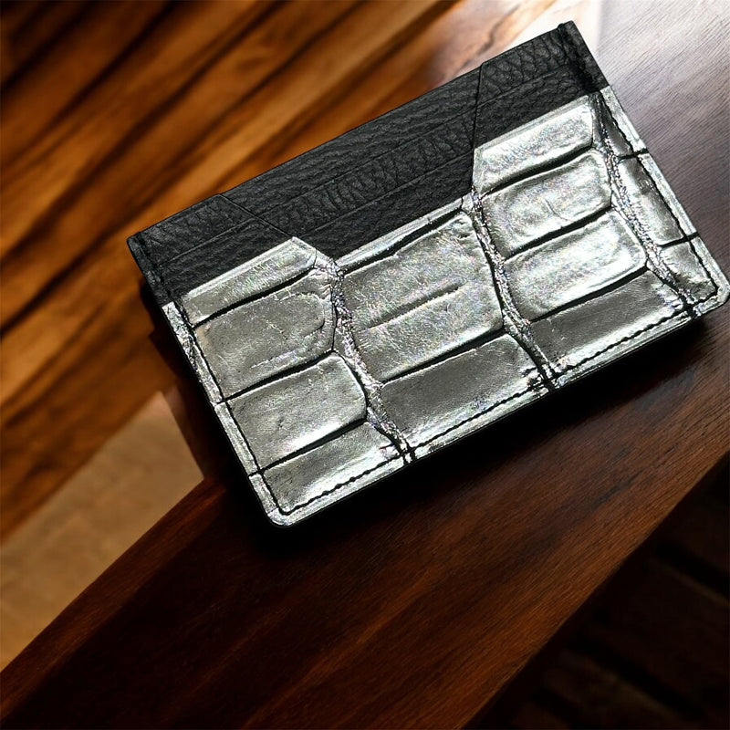 牛革/クロコダイル カード入れ メンズ レディース 本革 黒＆銀色