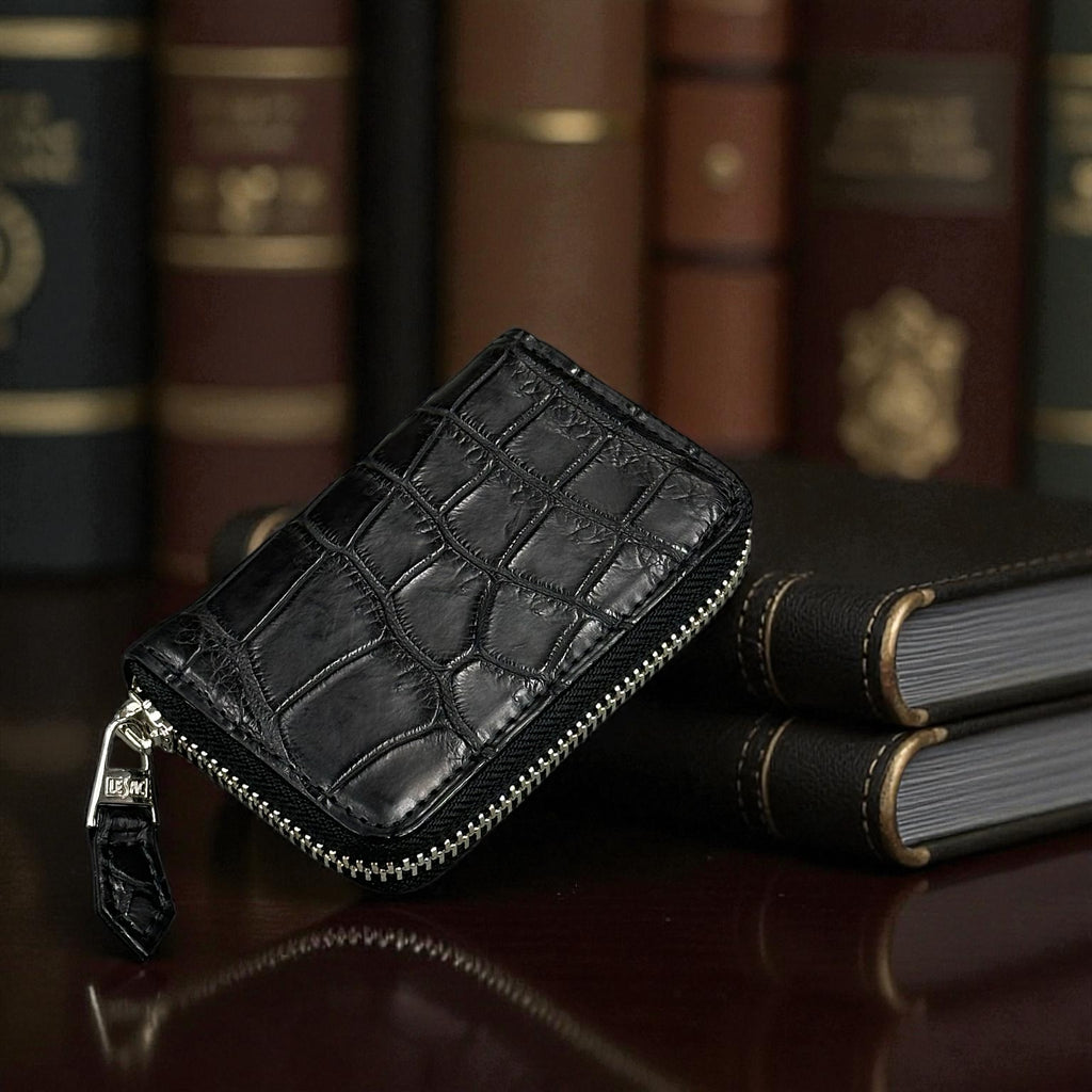クロコダイル小銭入れ ラウンドファスナー メンズ レディース 本革 黒
