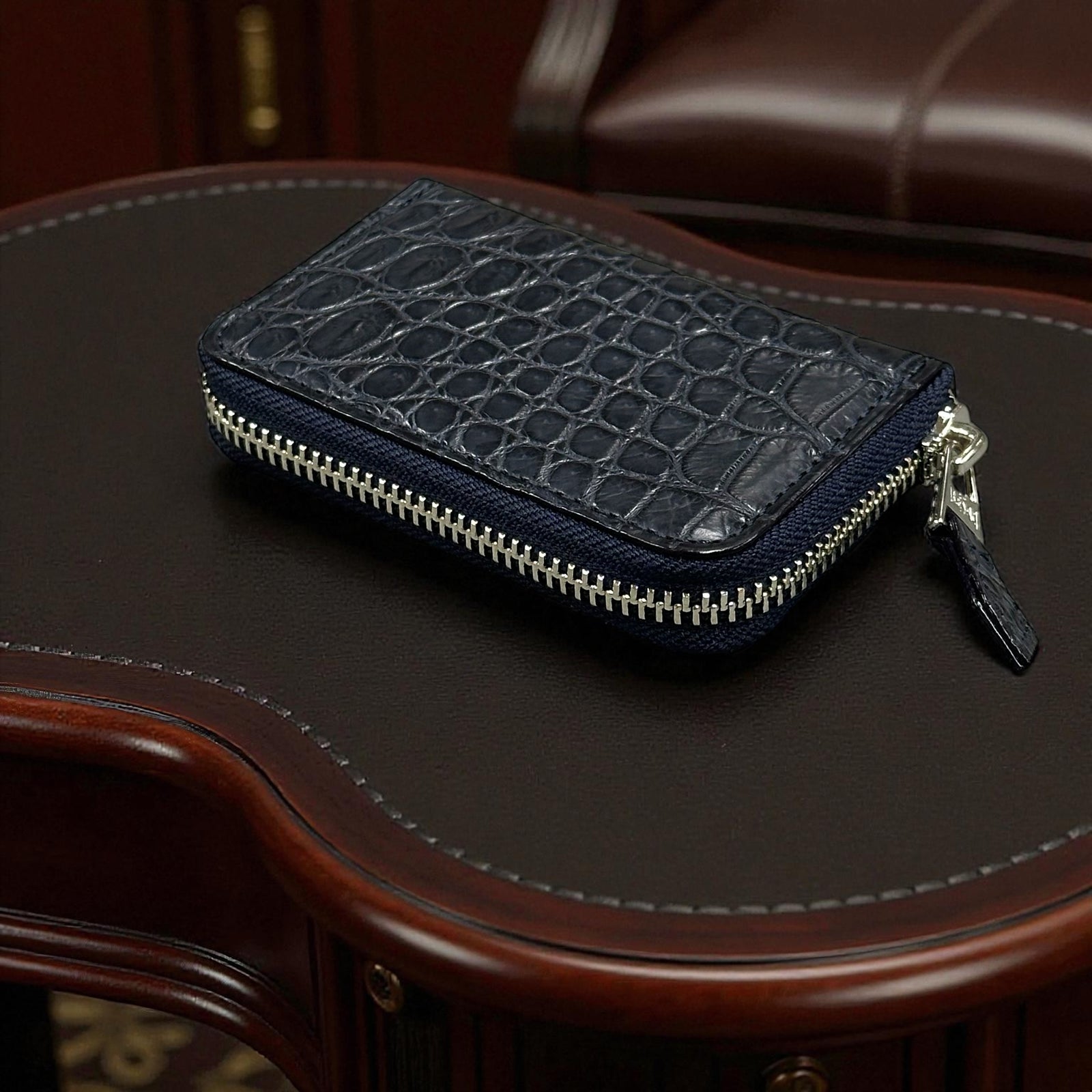 クロコダイル小銭入れ ラウンドファスナー メンズ レディース 本革 紺