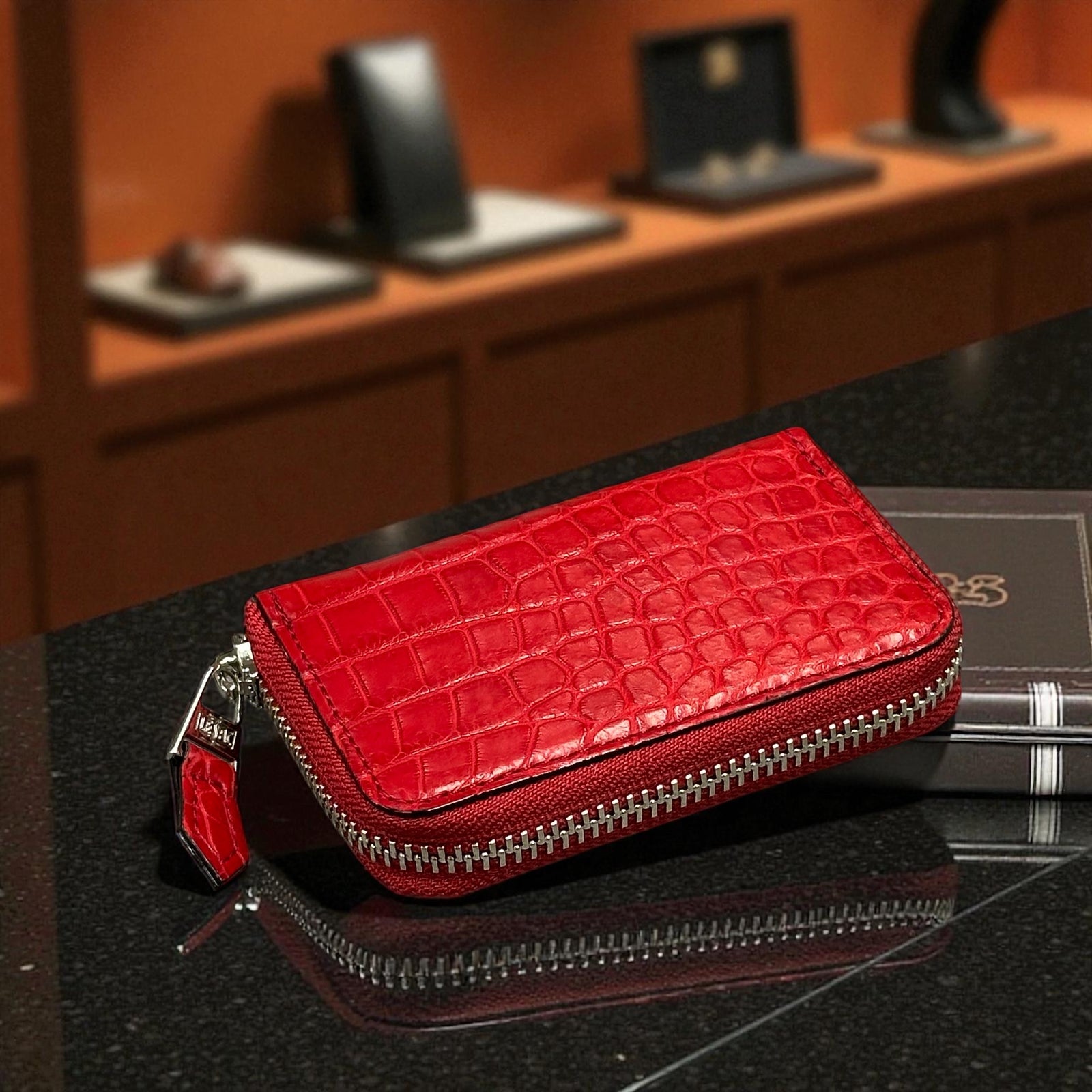 クロコダイル小銭入れ ラウンドファスナー メンズ レディース 本革 赤
