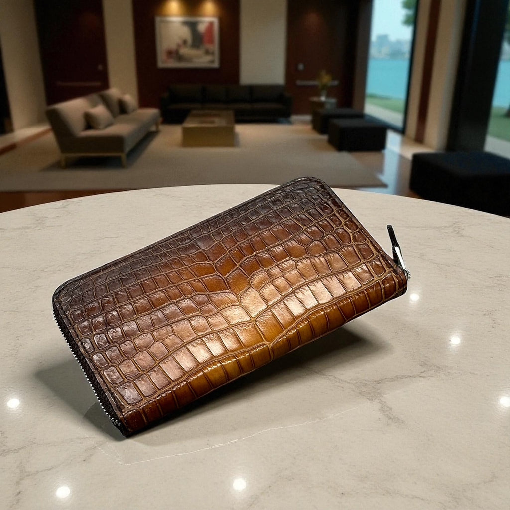 シャム 鰐 手染めクロコダイル パティーヌ ラウンドファスナー長財布 クロコダイル長財布 ラウンドファスナー メンズ レディース 本革 手