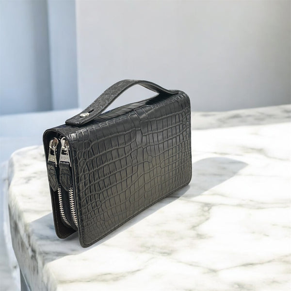 クロコダイル ダブルファスナー長財布 ハンドル付き メンズ 本革 黒