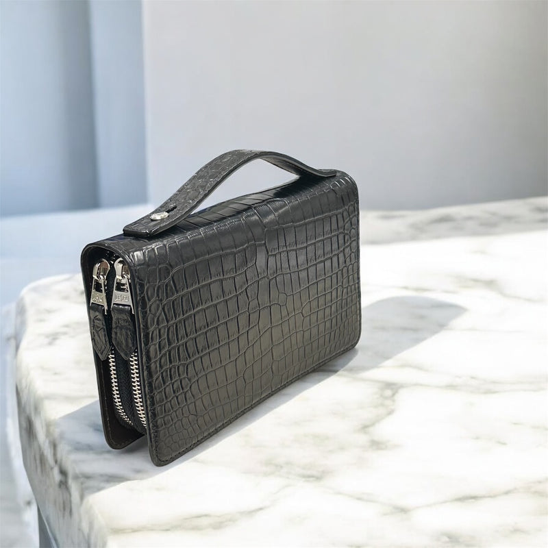 クロコダイル ダブルファスナー長財布 ハンドル付き メンズ 本革 黒