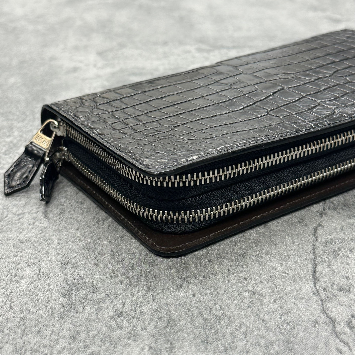 クロコダイル ダブルファスナー長財布 ハンドル付き メンズ 本革 黒