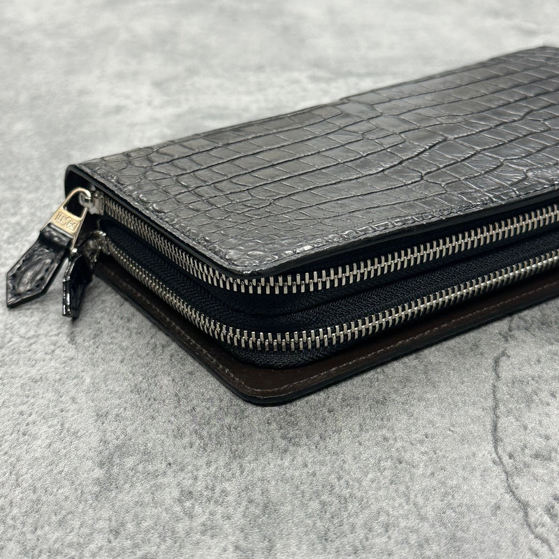 クロコダイル ダブルファスナー長財布 ハンドル付き メンズ 本革 黒