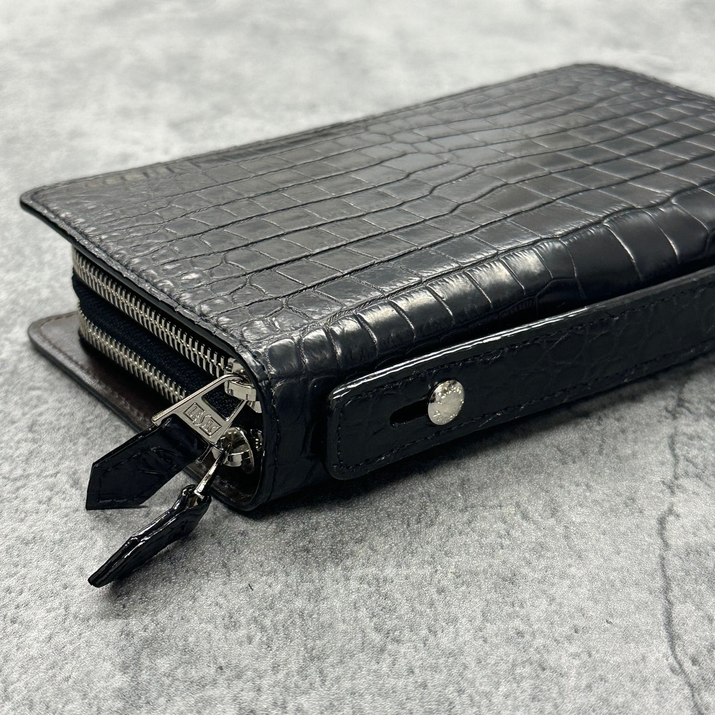 クロコダイル ダブルファスナー長財布 ハンドル付き メンズ 本革 黒