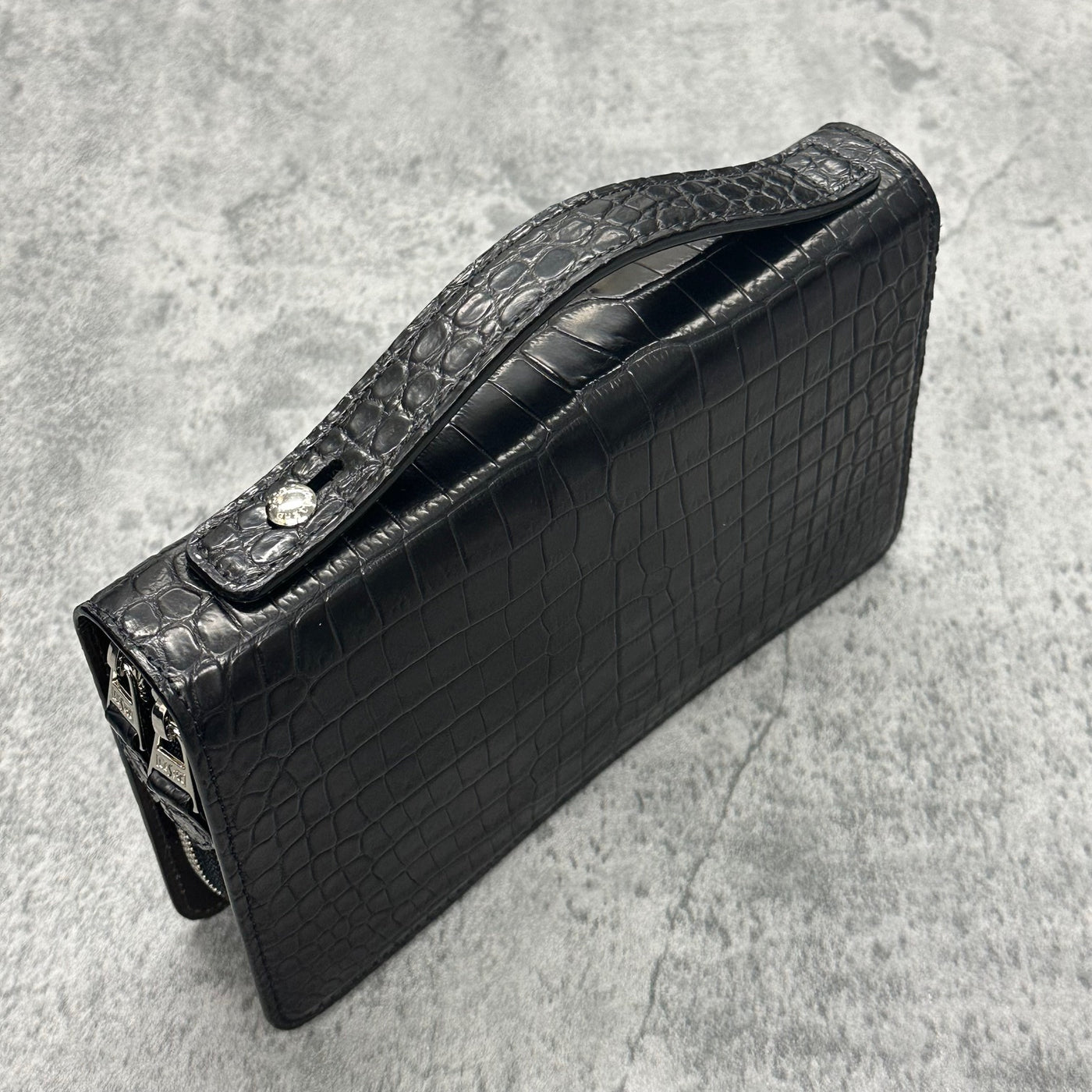 クロコダイル ダブルファスナー長財布 ハンドル付き メンズ 本革 黒