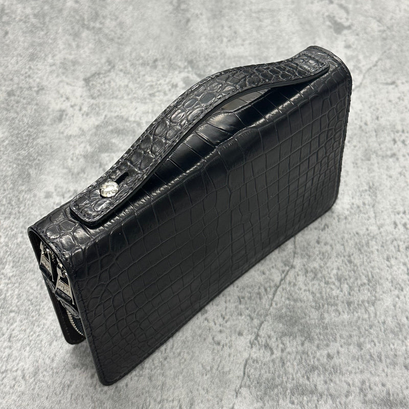 【実物撮影】 新品 クロコダイル 黒 ブラック ダブルファスナー 長財布 メンズ 長財布 ブラック クロコダイル ゴツい背革 ダブルファスナー シルバー