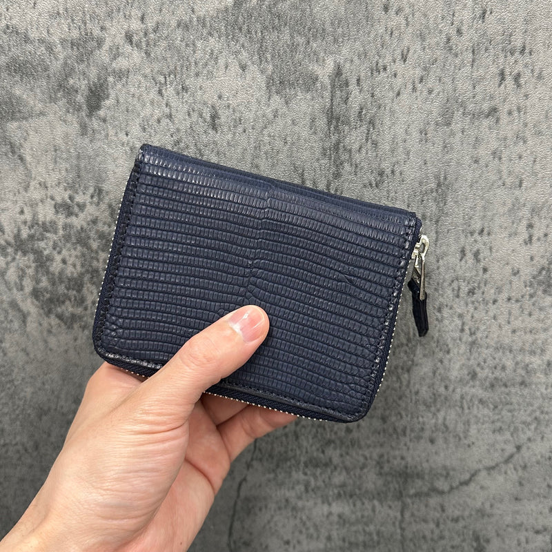 リザード 二つ折り財布 ミドルウォレット トカゲ革 本革 マット 紺