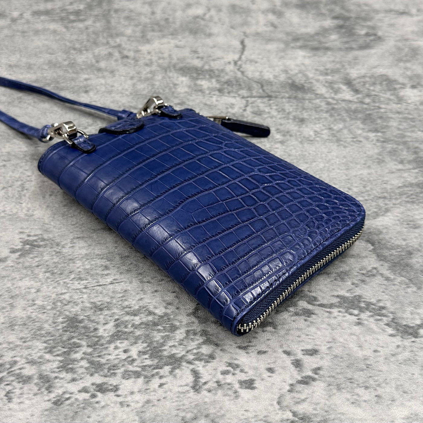 クロコダイル スマホショルダー メンズ レディース 本革 マット 紺