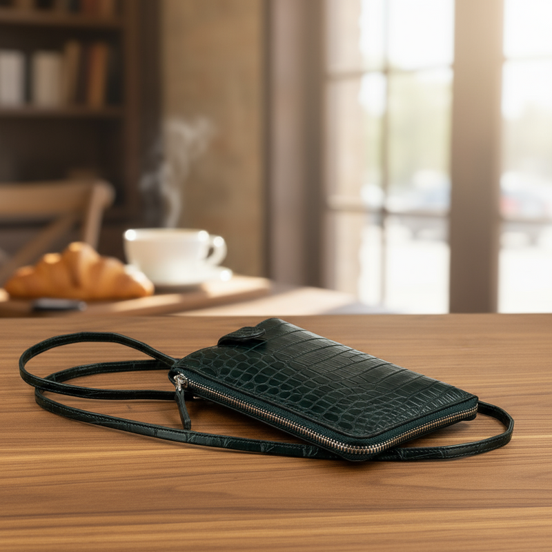 緑色のワニ革のスマホポシェット