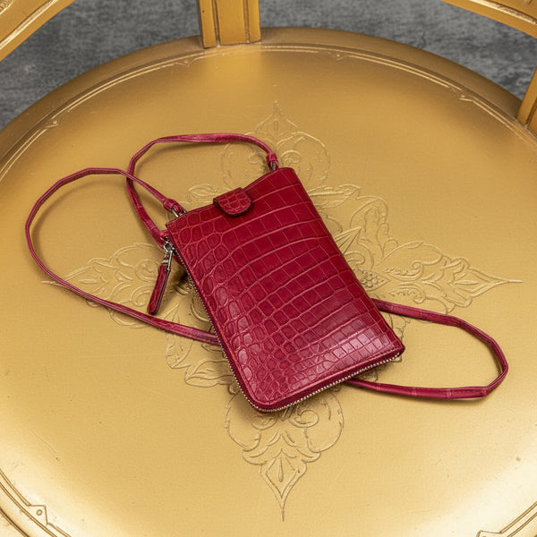 クロコダイル スマホショルダー メンズ レディース 本革 マット 赤