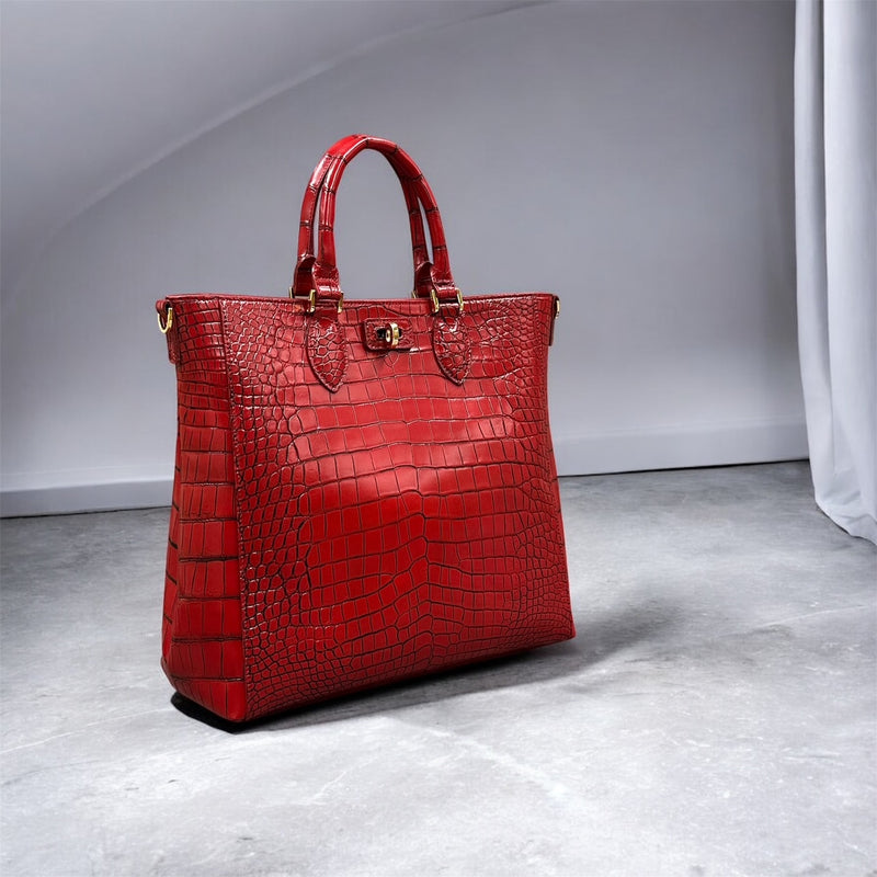 クロコダイル トートバッグ メンズ レディース 本革 赤色 黒 目地染め