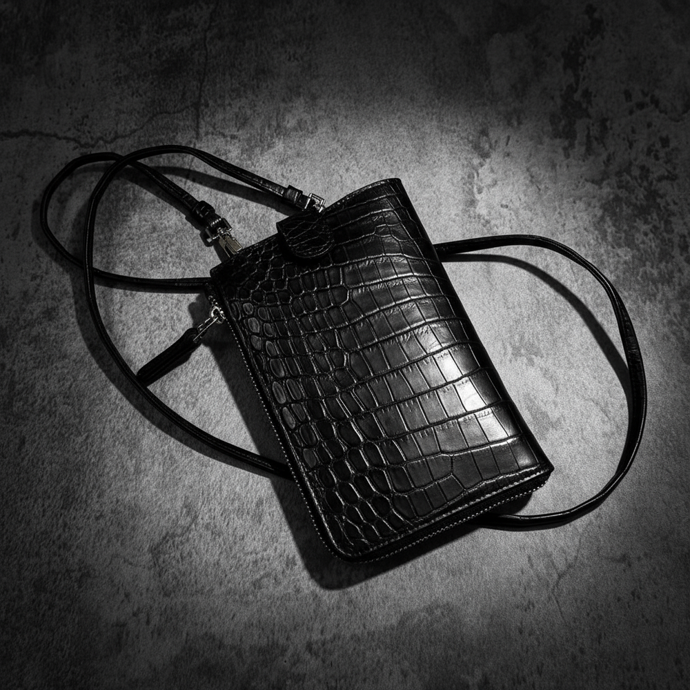 クロコダイル スマホショルダー メンズ レディース 本革 マット 黒