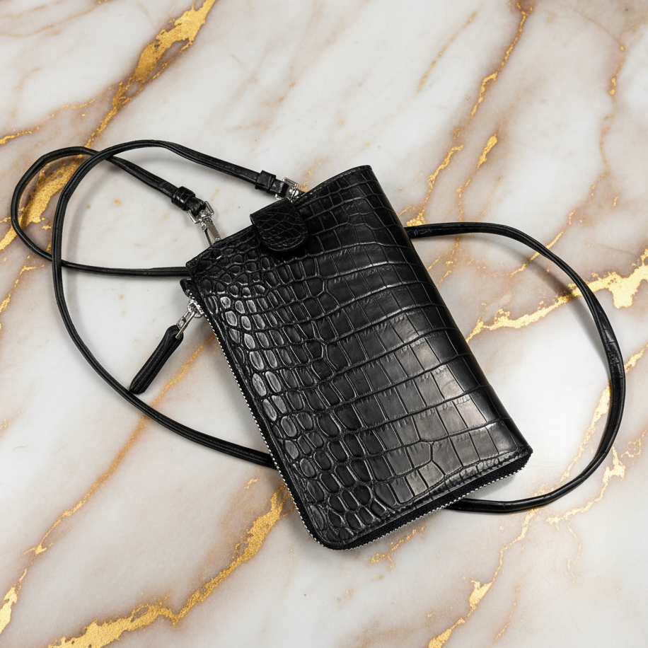 クロコダイル スマホショルダー メンズ レディース 本革 マット 黒