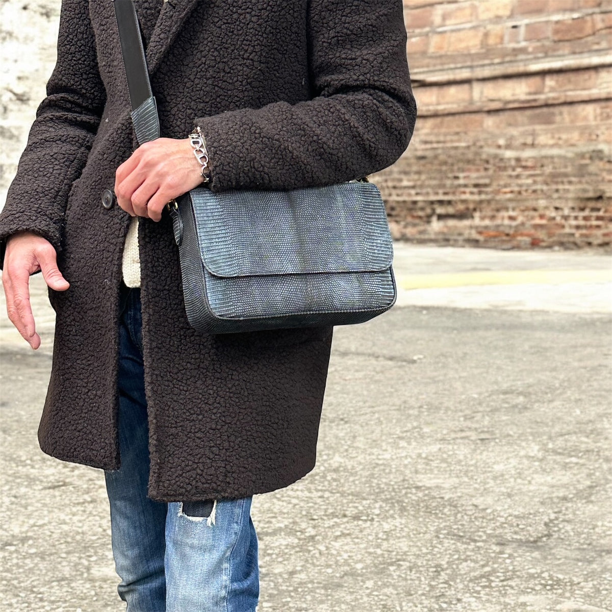 リザード ショルダーバッグ メンズ レディース 本革 マット 黒