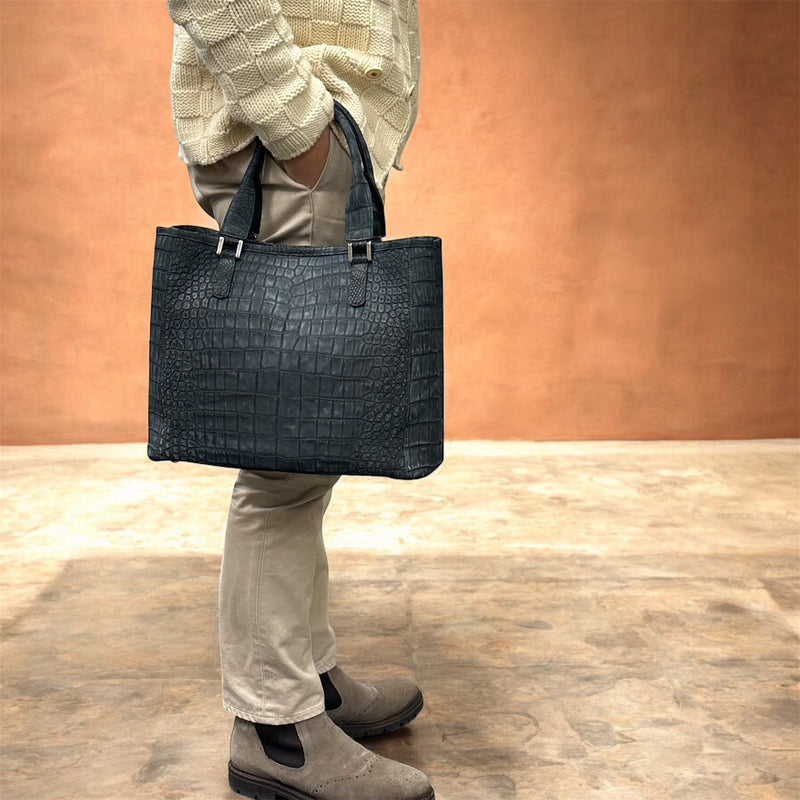 クロコダイル トートバッグ ヌバック仕上げ メンズ レディース 本革 紺