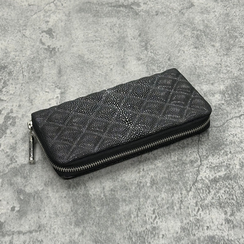 スティングレイ 長財布 ラウンドファスナー エイ革 ガルーシャ 本革 黒