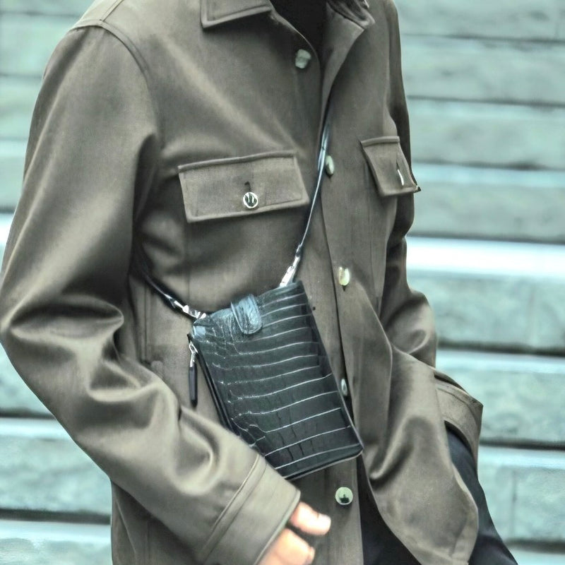 クロコダイル スマホショルダー メンズ レディース 本革 マット 黒 ブラック CAPRI