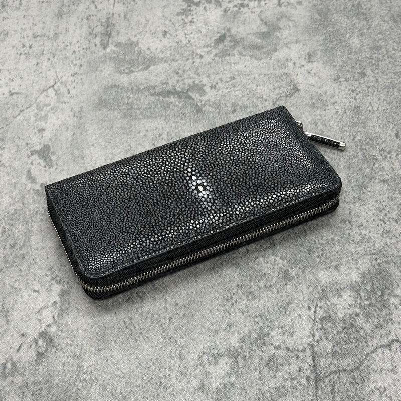 スティングレイ 長財布 ラウンドファスナー エイ革 ガルーシャ 本革 黒