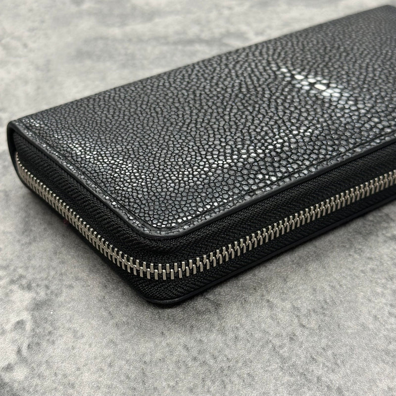 スティングレイ 長財布 ラウンドファスナー エイ革 ガルーシャ 本革 黒